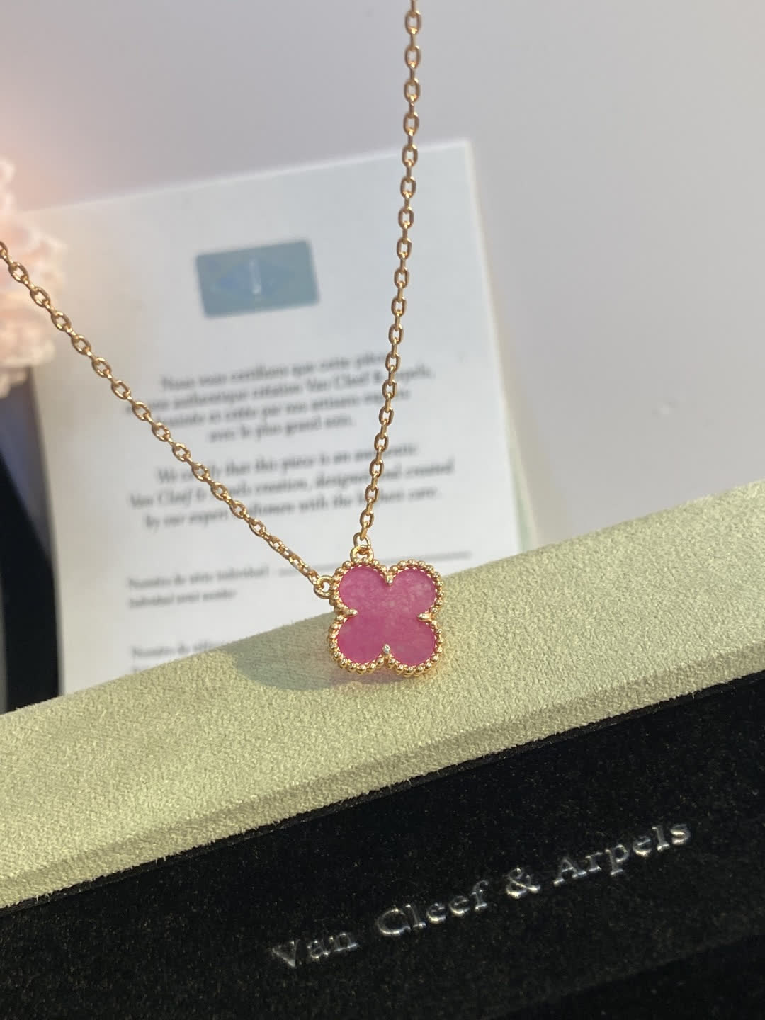 Van Cleef & Arpels Vintage Alhambra Pink Enamel Gold Necklace